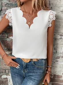 SHEIN Clasi 拼接水溶蕾絲貝殼邊襯衫