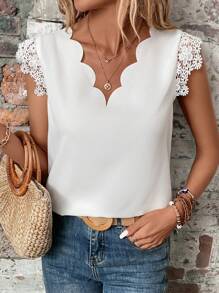 SHEIN Clasi 拼接水溶蕾絲貝殼邊襯衫