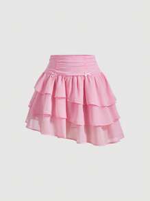 SHEIN MOD Falda unicolor con lazo delantero bajo a capas - Rosa Pálido - Ver 1