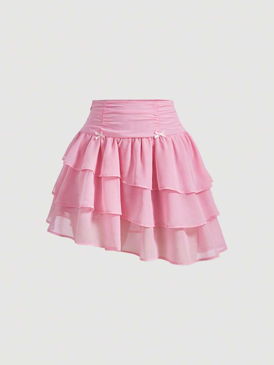 SHEIN MOD Falda unicolor con lazo delantero bajo a capas - Rosa Pálido - Ver 1