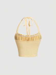 SHEIN MOD Áo khoác và áo lót dành cho xe tăng nữ Lộ Lưng viền lá sen Buộc lại Thắt nơ trước Nếp gấp Phần Ngực màu trơn Giải trí - Màu vàng - Xem 2