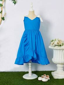 SHEIN Girls Contrast Bow Detail Ruffle Trim Wrap Hem Dress - Blue - View 1