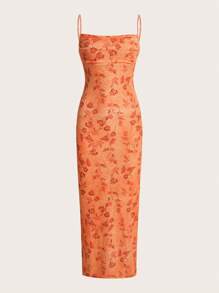 SHEIN ICON Đầm Xù Tách cao Hoa Boho - trái cam - Xem 3