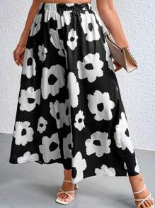 SHEIN LUNE 大碼印花彈性腰帶闊腿褲 - 黑與白 - 查看 1