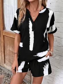 EMERY ROSE 筆刷圖案蝙蝠袖上衣和短褲 - 黑色 - 查看 4
