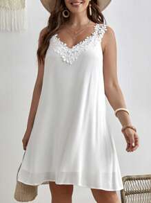 SHEIN VCAY Plus Guipure Lace Appliques Tank Dress - White - View 4