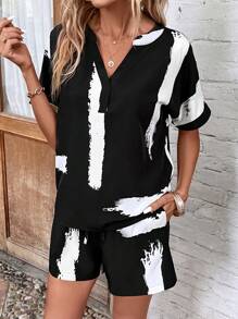 EMERY ROSE 筆刷圖案蝙蝠袖上衣和短褲 - 黑色 - 查看 5