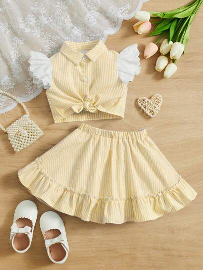 SHEIN 嬰兒條紋圖案荷葉邊下擺打結襯衫和半身裙