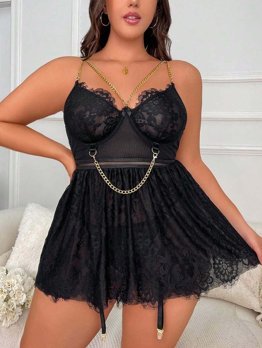 大碼蕾絲拼接網紗吊帶睡裙附丁字褲