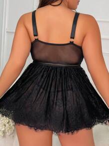 大碼蕾絲拼接網紗吊帶睡裙附丁字褲