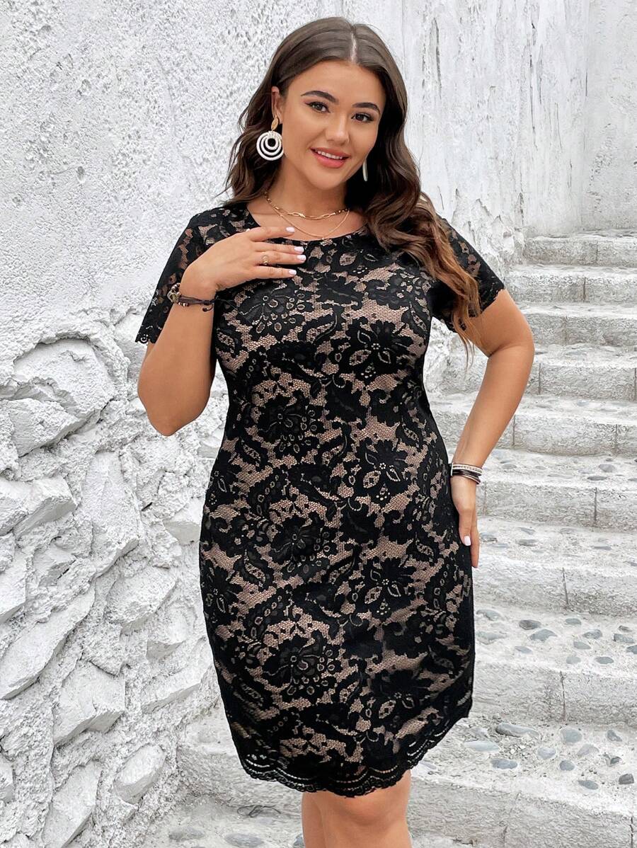 SHEIN Clasi Plus Solid Lace Dress - Black - View 1