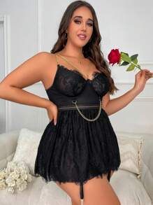 大碼蕾絲拼接網紗吊帶睡裙附丁字褲