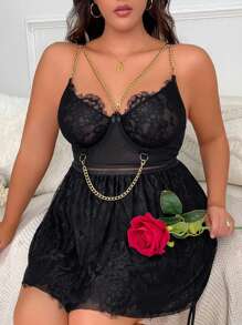 大碼蕾絲拼接網紗吊帶睡裙附丁字褲