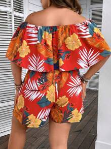 SHEIN Holidaya Plus Tropical Print Off Shoulder Romper - Multicolor - View 2