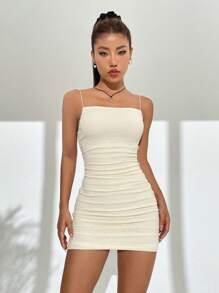 SHEIN EZwear Đầm Xù màu trơn Gợi cảm - Màu be - Xem 5