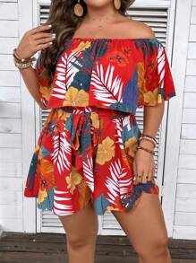 SHEIN Holidaya Plus Tropical Print Off Shoulder Romper - Multicolor - View 3