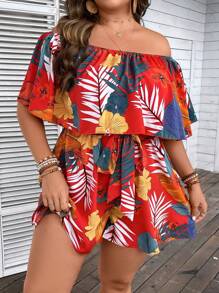 SHEIN Holidaya Plus Tropical Print Off Shoulder Romper - Multicolor - View 5