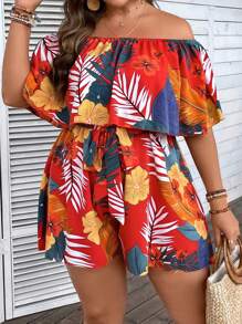 SHEIN Holidaya Plus Tropical Print Off Shoulder Romper - Multicolor - View 6