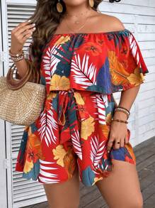SHEIN Holidaya Plus Tropical Print Off Shoulder Romper - Multicolor - View 7