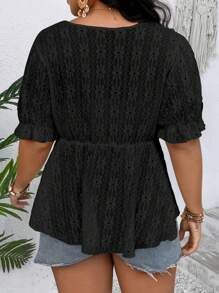 SHEIN Holidaya Áo thun Plus size Xù Viên lá sen Thắt nơ trước màu trơn Giải trí - màu đen - Xem 2