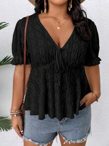 SHEIN Holidaya Áo thun Plus size Xù Viên lá sen Thắt nơ trước màu trơn Giải trí - màu đen - Xem 4