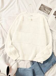 CovetEZ Plus Solid Ribbed Knit Jumper - White - View 1