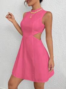 SHEIN EZwear Đầm Cắt ra màu trơn Giải trí - Màu Hồng Tươi - Xem 4