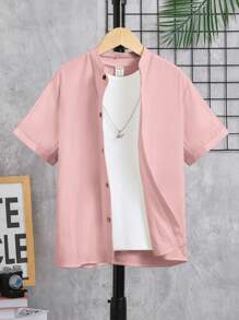 SHEIN Áo sơ mi Trai Nút phía trước màu trơn Giải trí - Màu Hồng baby - Xem 1