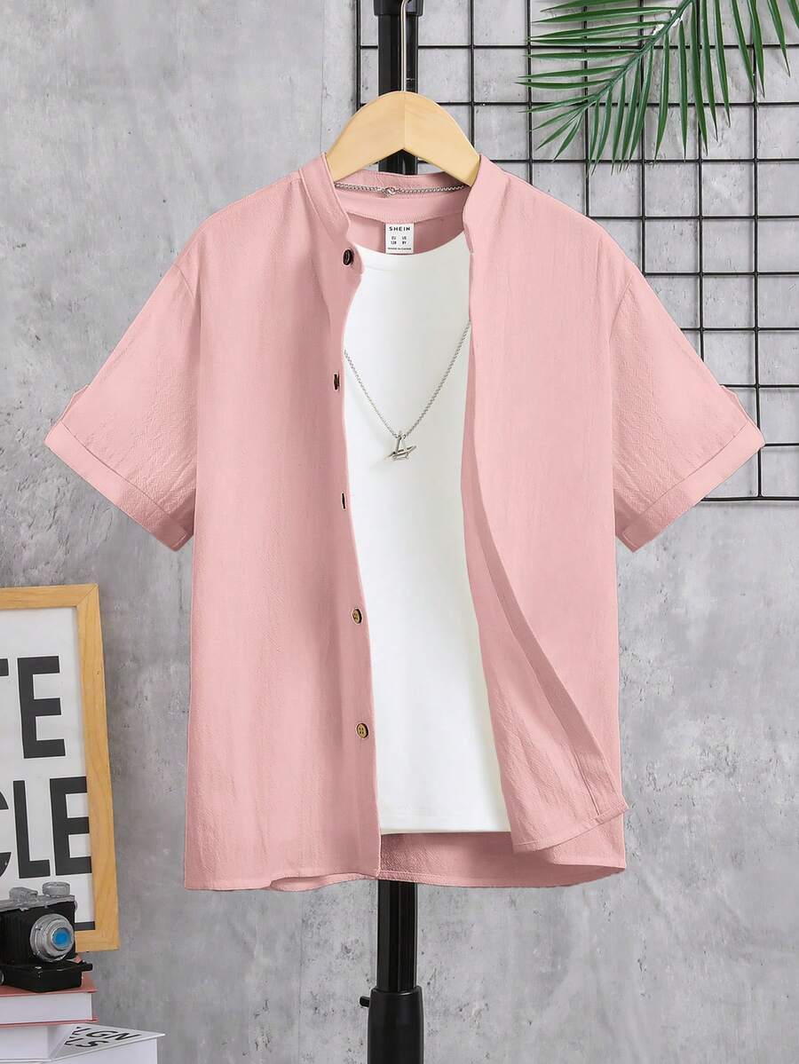 SHEIN Áo sơ mi Trai Nút phía trước màu trơn Giải trí - Màu Hồng baby - Xem 1