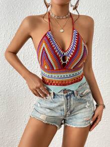 SHEIN VCAY Geo Pattern Tie Backless Halter Neck Crop Knit Top - Multicolor - View 1