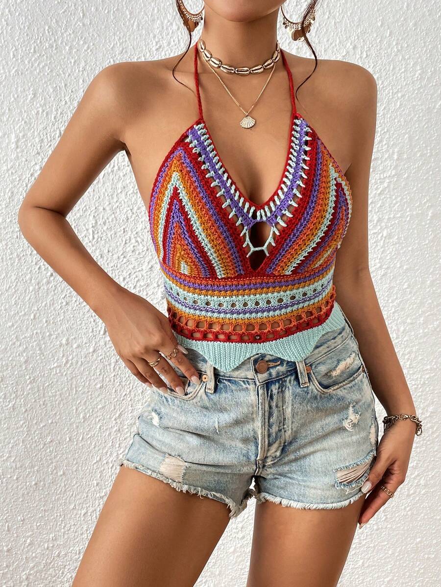 SHEIN VCAY Geo Pattern Tie Backless Halter Neck Crop Knit Top - Multicolor - View 1