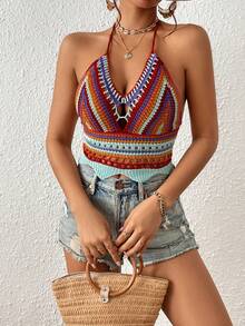 SHEIN VCAY Geo Pattern Tie Backless Halter Neck Crop Knit Top - Multicolor - View 5