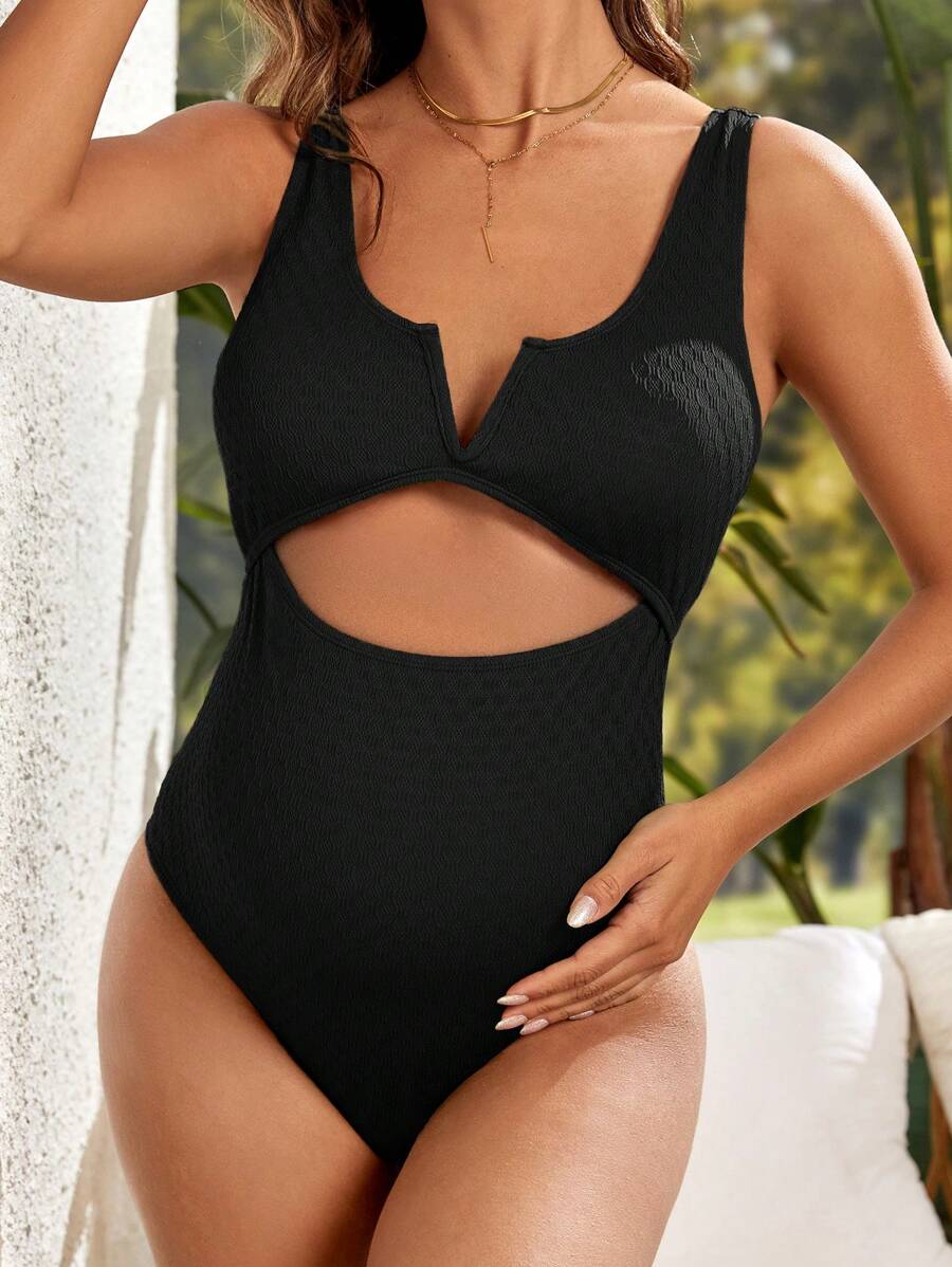 SHEIN 孕妇镂空前开襟缺口领口连体泳衣夏季海滩 - 黑色 - 查看 1