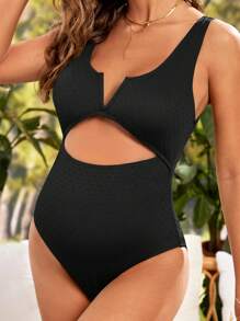 SHEIN 孕妇镂空前开襟缺口领口连体泳衣夏季海滩 - 黑色 - 查看 4