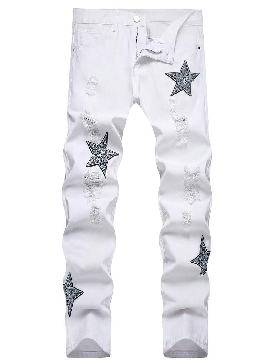 Jeans con parches de estrella, rotos, deshilachados y con costuras descuidadas para hombre - Blanco - Ver 1