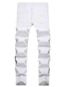Jeans con parches de estrella, rotos, deshilachados y con costuras descuidadas para hombre - Blanco - Ver 2