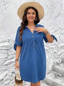 SHEIN LUNE 大碼打結袖口半排扣前襯衫連衣裙 - 藍色 - 查看 4