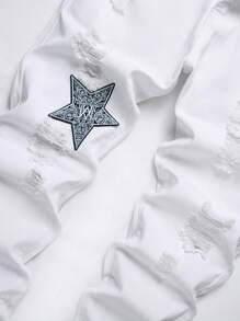 Jeans con parches de estrella, rotos, deshilachados y con costuras descuidadas para hombre - Blanco - Ver 4