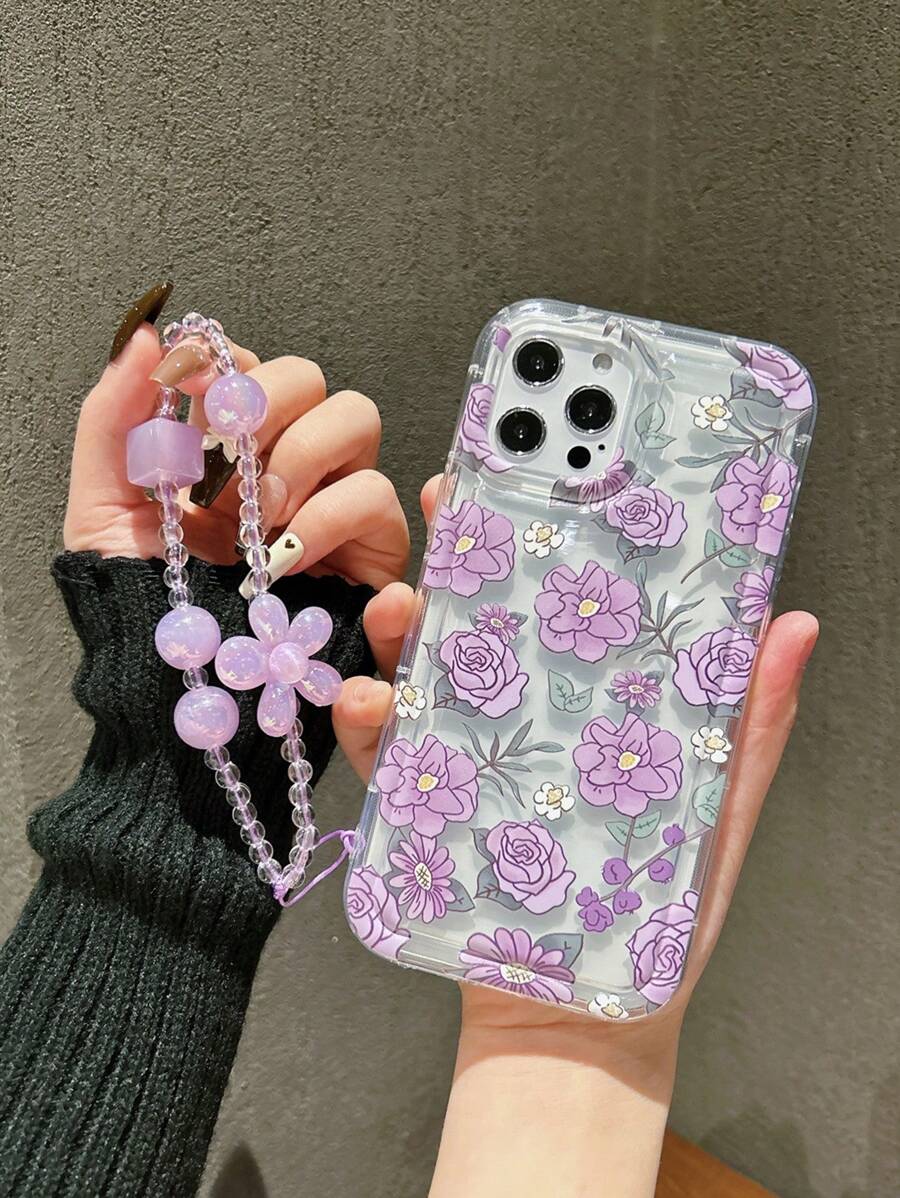 Flower Pattern Anti-fall Phone Case With Lanyard - Purple - View 1