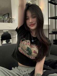 Letter Graphic Washed Crop Tee - Black - View 1