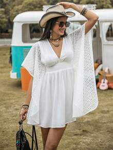 Rusttydustty Đầm Tương phản ren Dải chun Hoa Giải trí - trắng - Xem 6