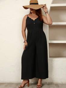 SHEIN LUNE Mono de tirantes de pierna ancha ribete en abanico - Negro - Ver 1