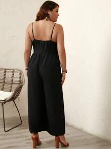 SHEIN LUNE Mono de tirantes de pierna ancha ribete en abanico - Negro - Ver 2