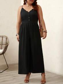 SHEIN LUNE Mono de tirantes de pierna ancha ribete en abanico - Negro - Ver 3