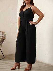 SHEIN LUNE Mono de tirantes de pierna ancha ribete en abanico - Negro - Ver 4