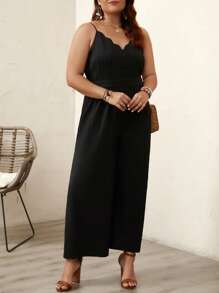 SHEIN LUNE Mono de tirantes de pierna ancha ribete en abanico - Negro - Ver 5