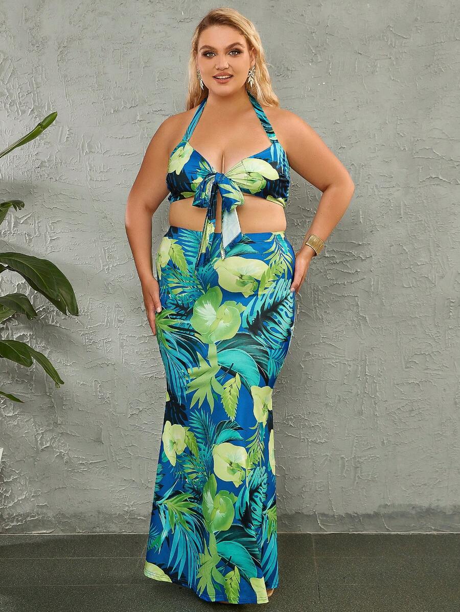 Plus Tropical Print Tie Front Halter Crop Top & Summer Holiday Maxi Skirt Set - Multicolor - View 1