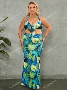 Plus Tropical Print Tie Front Halter Crop Top & Summer Holiday Maxi Skirt Set