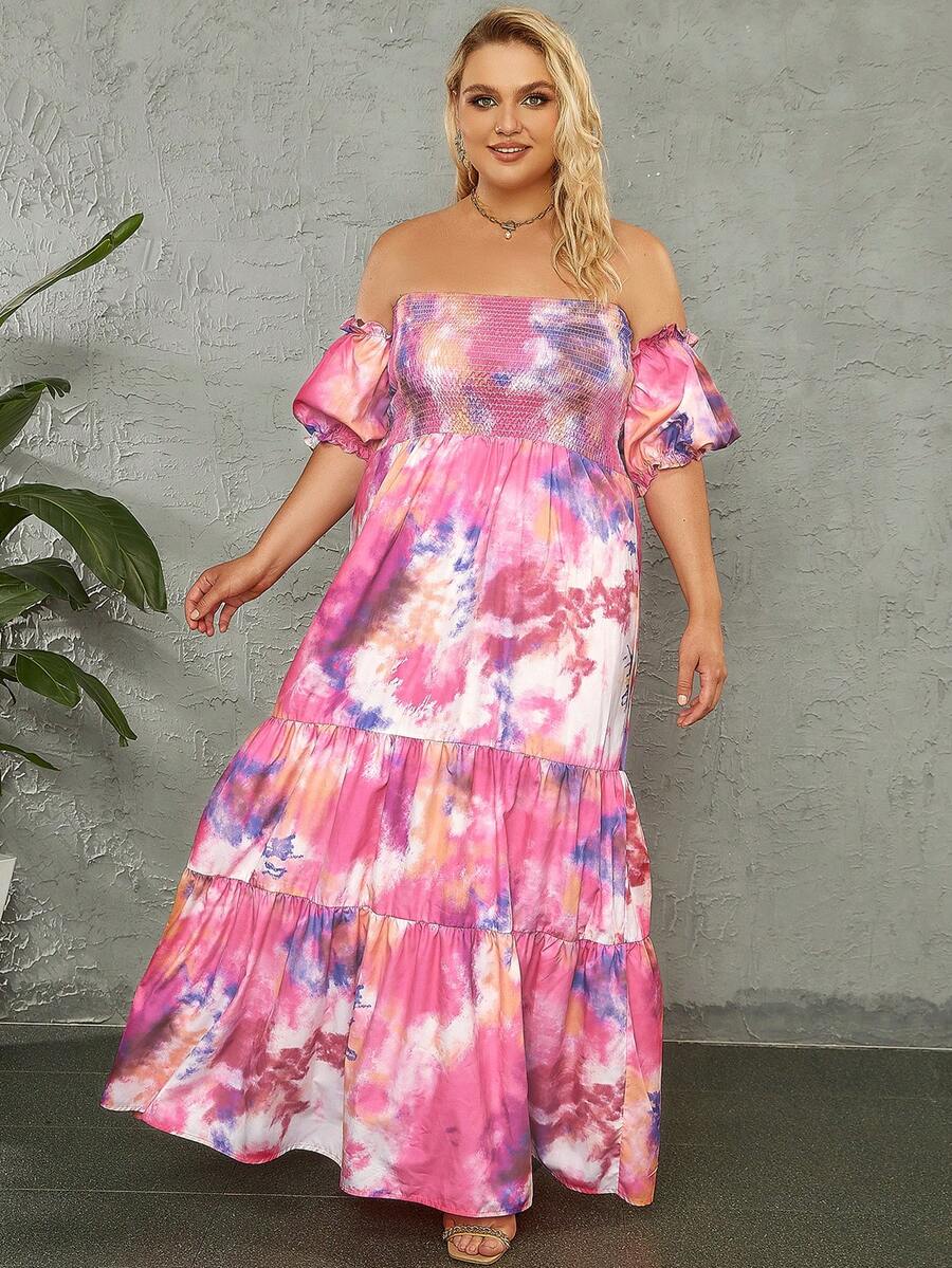 大碼紮染一字肩荷葉邊夏天連衣裙 - 彩色 - 查看 1