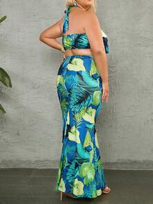 Plus Tropical Print Tie Front Halter Crop Top & Summer Holiday Maxi Skirt Set - Multicolor - View 2